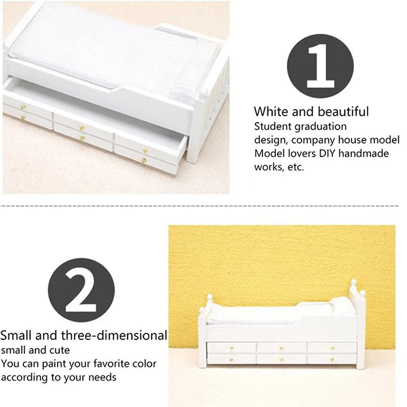 π1:12 Dollhouse Miniature Bed White European Single Bed with Drawer Bedroom Furniture Model Decor Toy Doll House Accessories