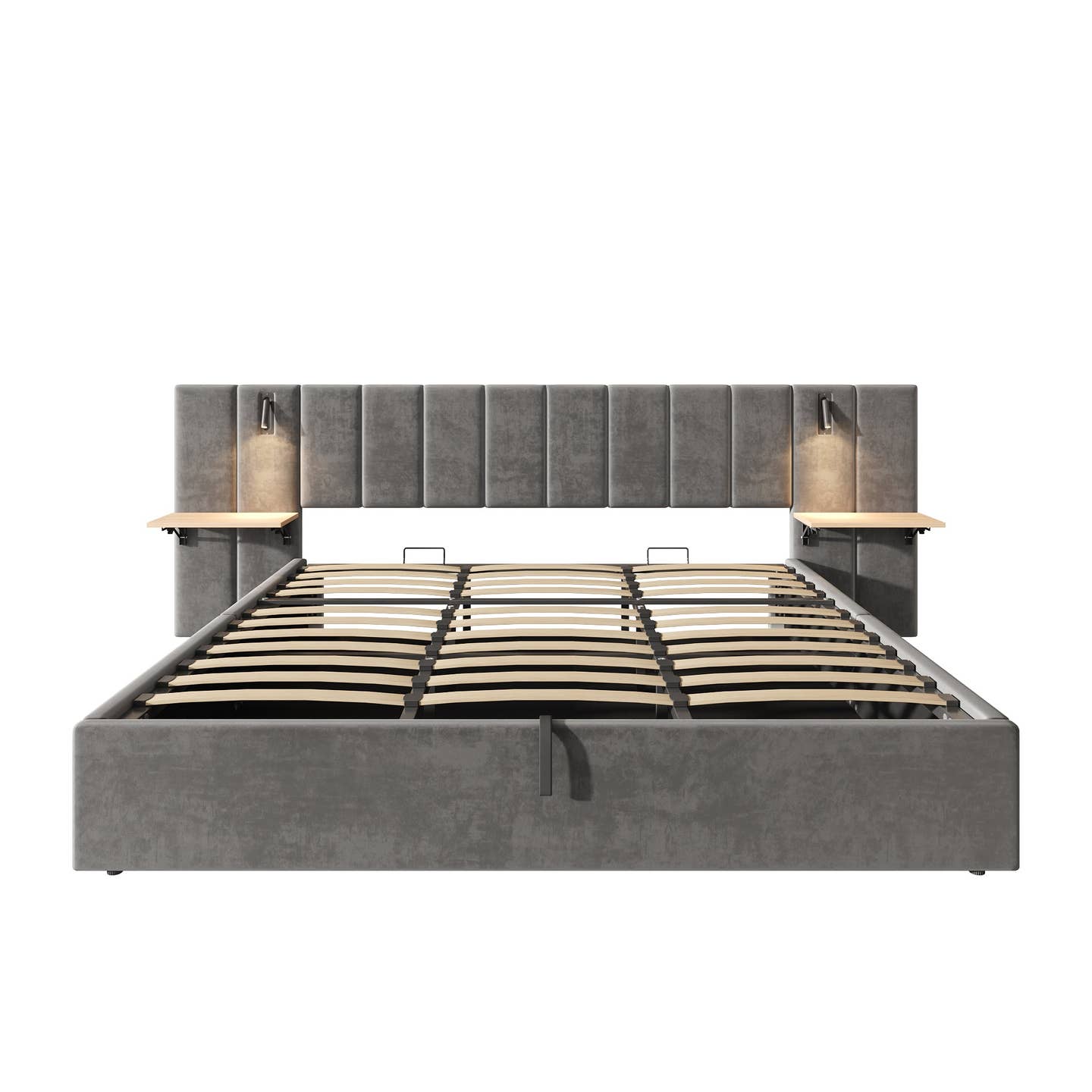 Wholesale Super king grey velvet-upholstered end-opening ottoman bed frame with side tables, lamps and charging station, 180×200 cm LATTICERO