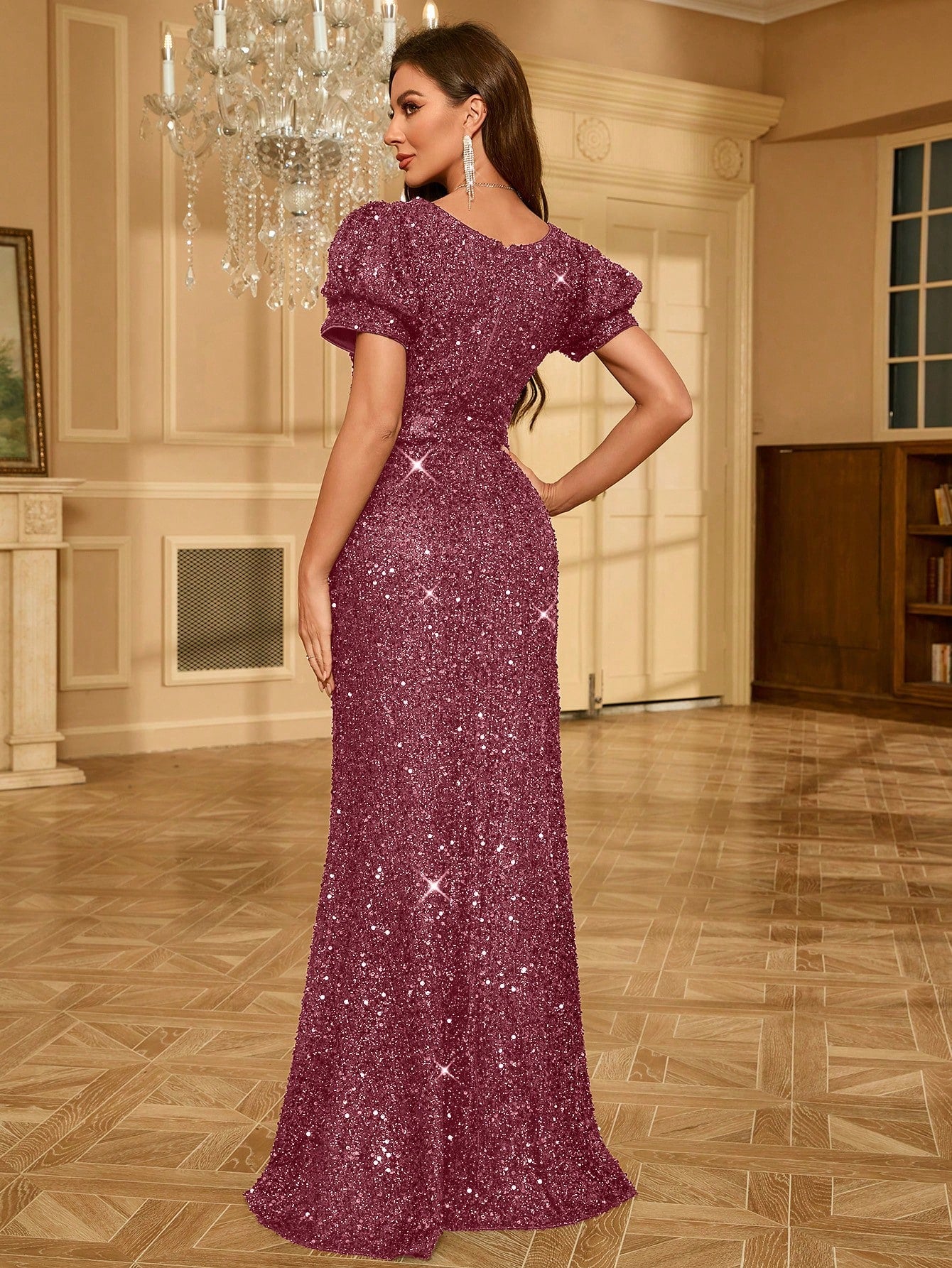 Women's Puff Sleeve Deep V-Neck Sequin Mermaid Maxi Dress