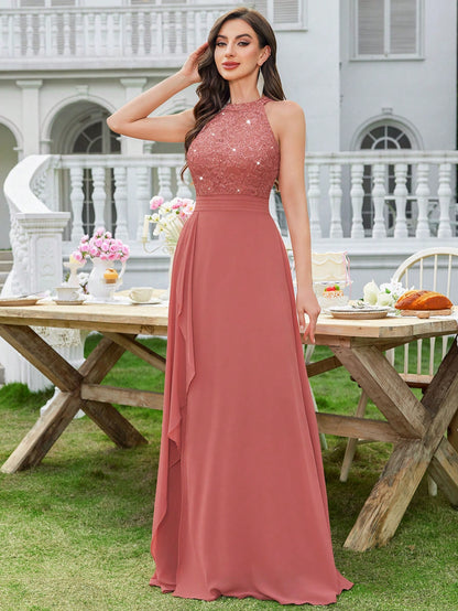Women's Sequin Floral Lace Halter Neck Evening Gown