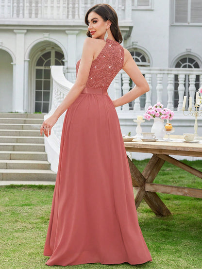 Women's Sequin Floral Lace Halter Neck Evening Gown