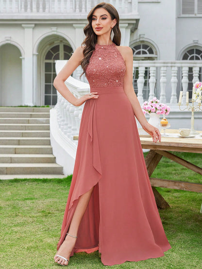 Women's Sequin Floral Lace Halter Neck Evening Gown