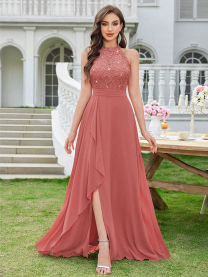 Women's Sequin Floral Lace Halter Neck Evening Gown