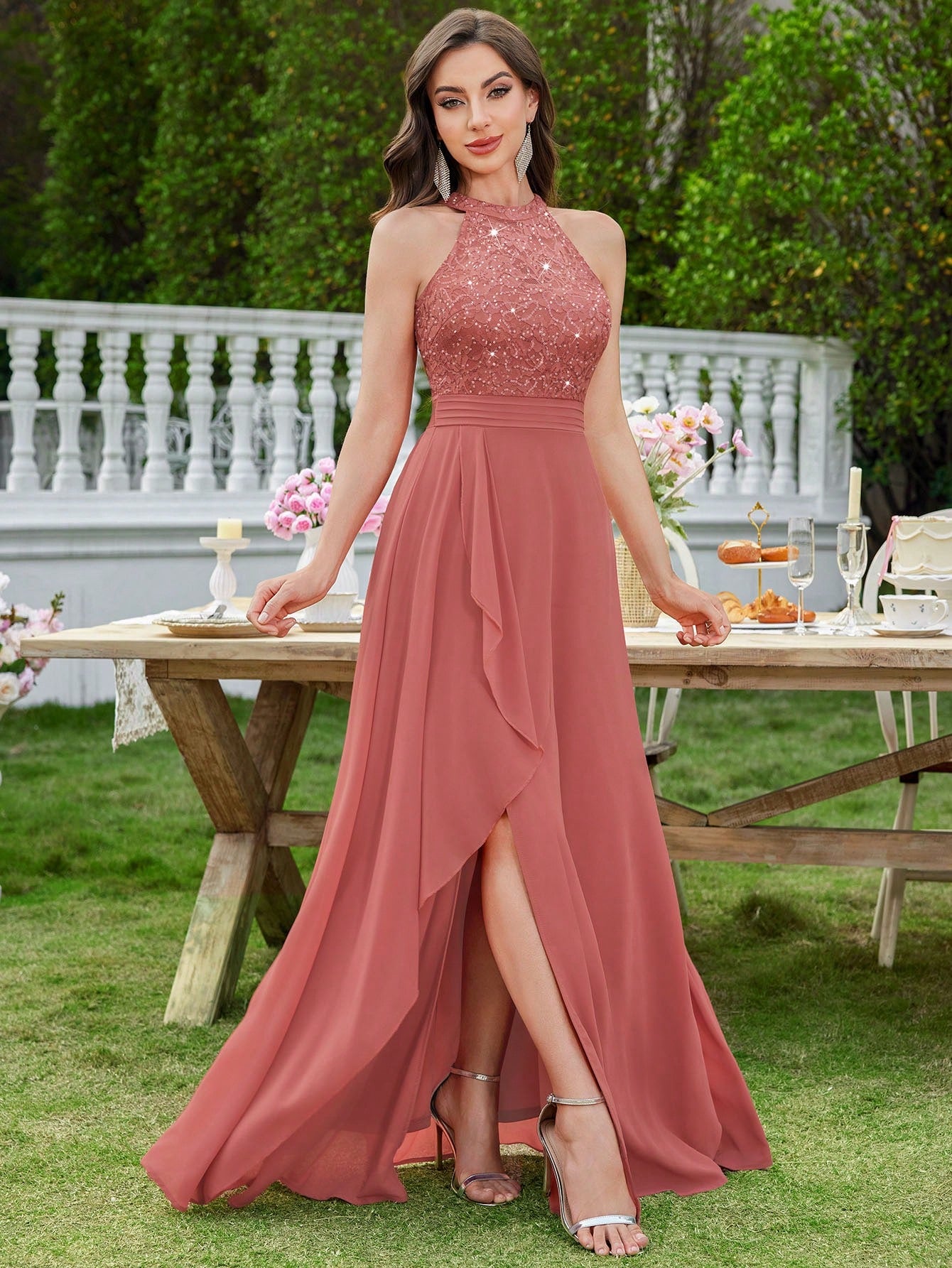 Women's Sequin Floral Lace Halter Neck Evening Gown