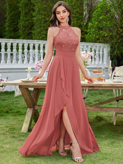 Women's Sequin Floral Lace Halter Neck Evening Gown