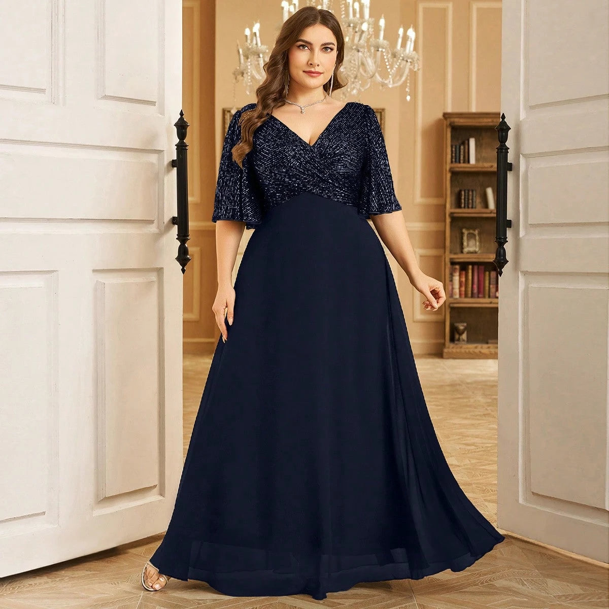 Women's Plus Size Elegant V-Neck Ruched Sequin Splice Maxi Dress