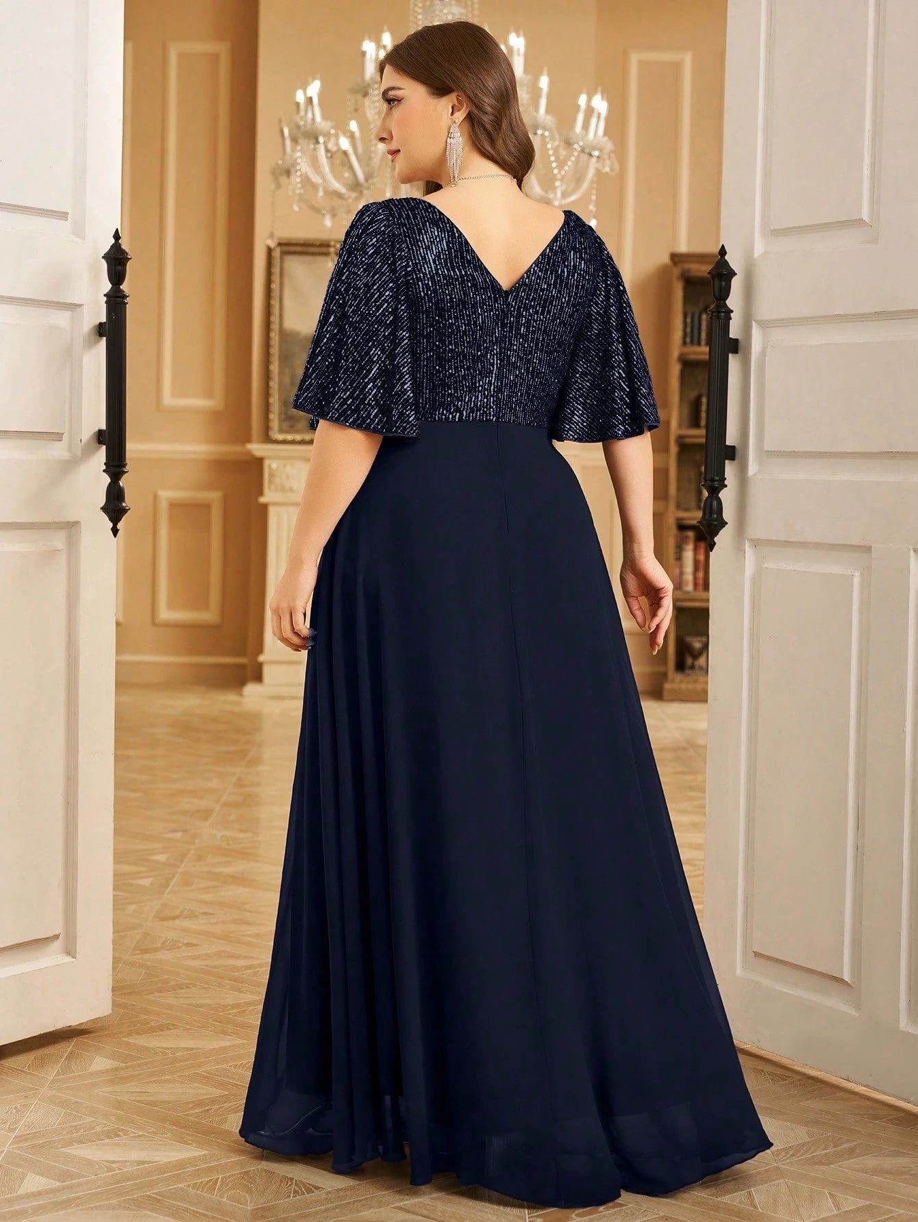 Women's Plus Size Elegant V-Neck Ruched Sequin Splice Maxi Dress