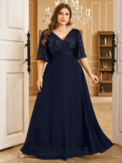 Women's Plus Size Elegant V-Neck Ruched Sequin Splice Maxi Dress