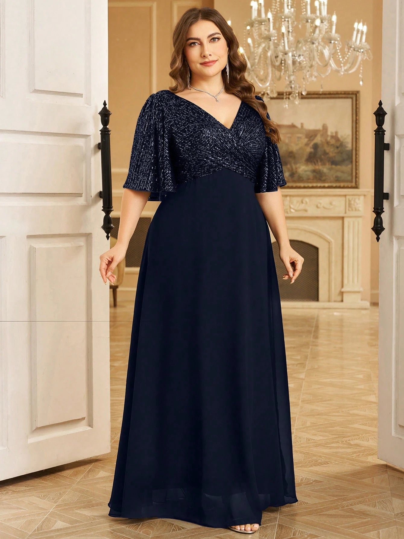 Women's Plus Size Elegant V-Neck Ruched Sequin Splice Maxi Dress