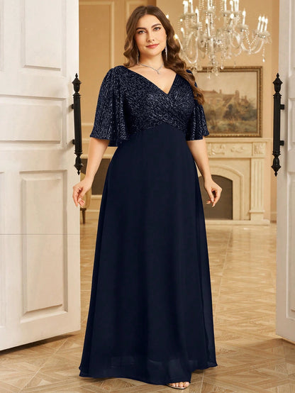 Women's Plus Size Elegant V-Neck Ruched Sequin Splice Maxi Dress