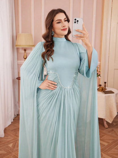 Women's Plus Size Stand Collar Beaded Ruched Maxi Dress