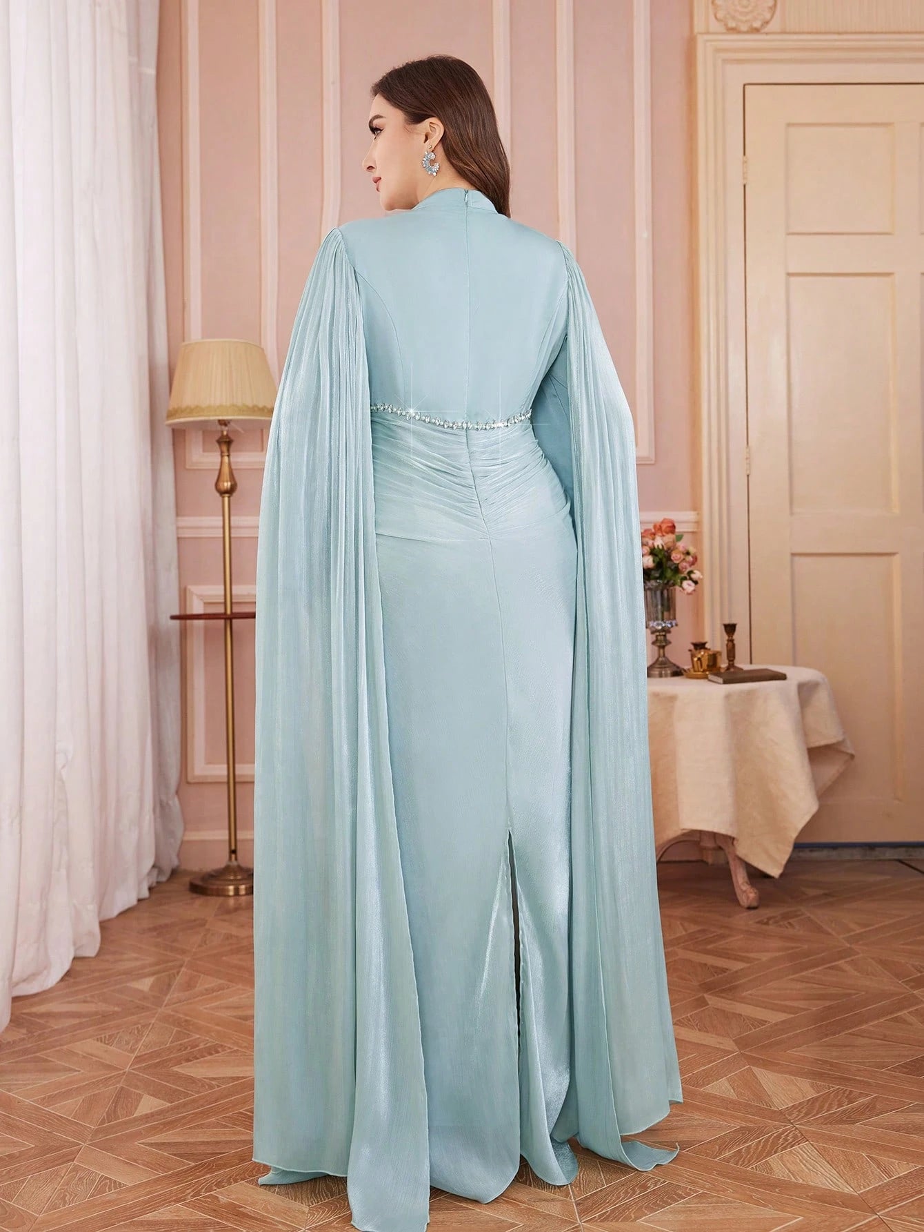 Women's Plus Size Stand Collar Beaded Ruched Maxi Dress
