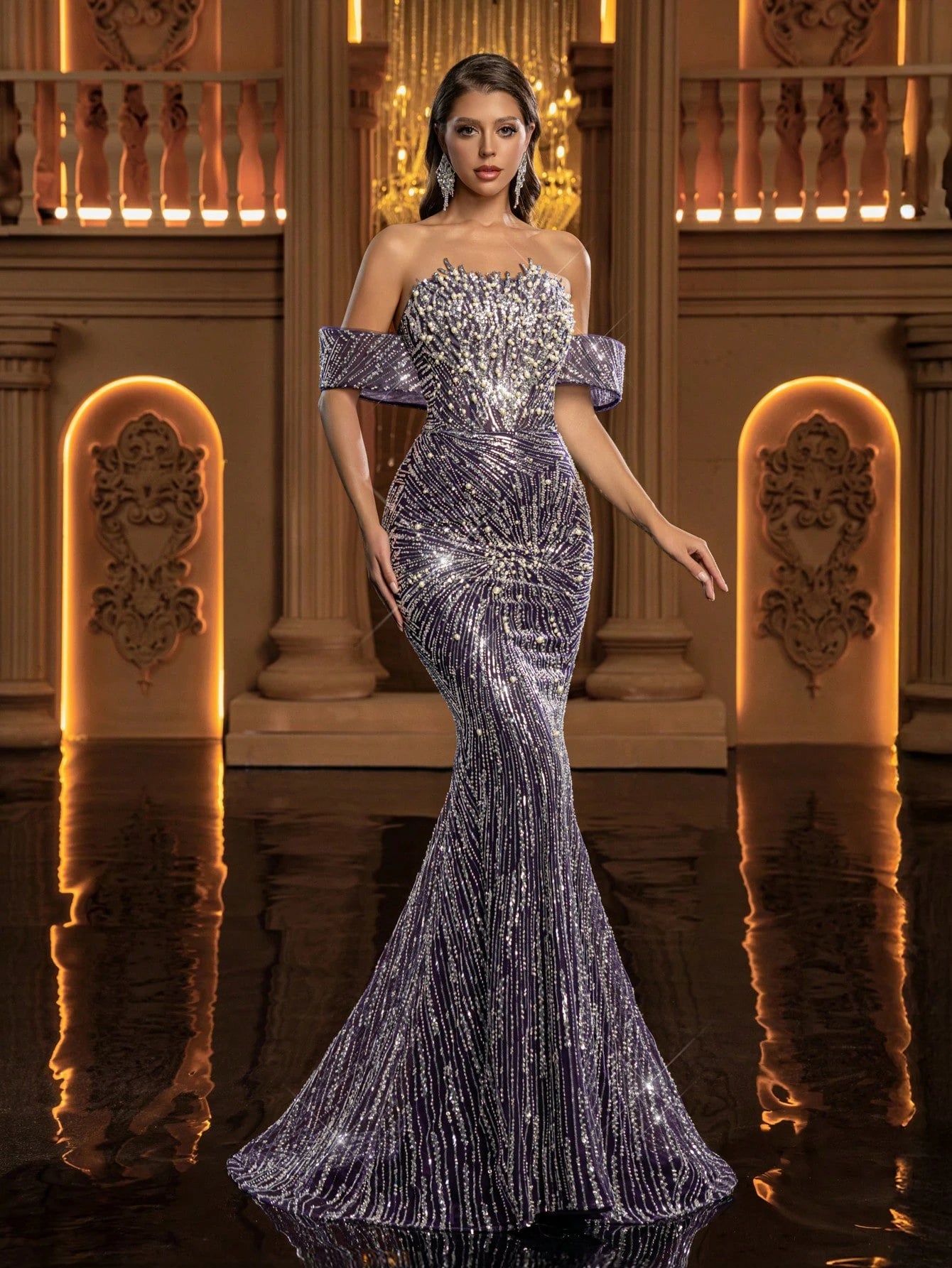 Women's Strapless Cold Shoulder Sequin Mermaid Maxi Dress