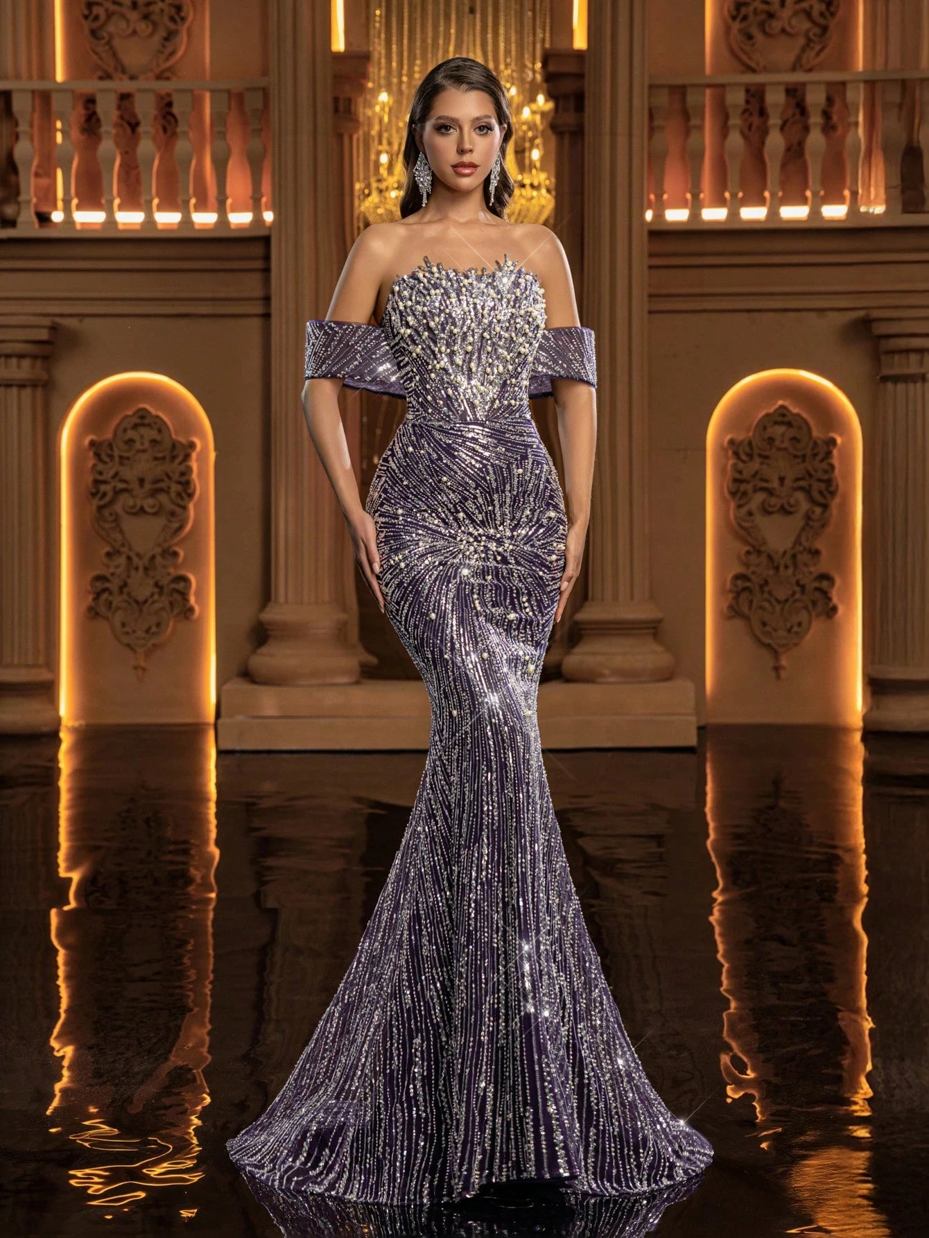 Women's Strapless Cold Shoulder Sequin Mermaid Maxi Dress