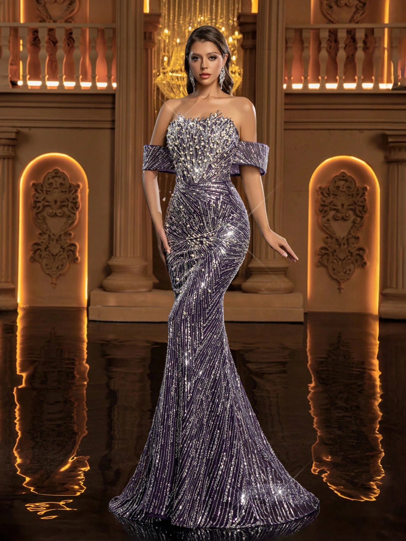 Women's Strapless Cold Shoulder Sequin Mermaid Maxi Dress