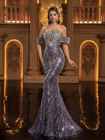 Women's Strapless Cold Shoulder Sequin Mermaid Maxi Dress