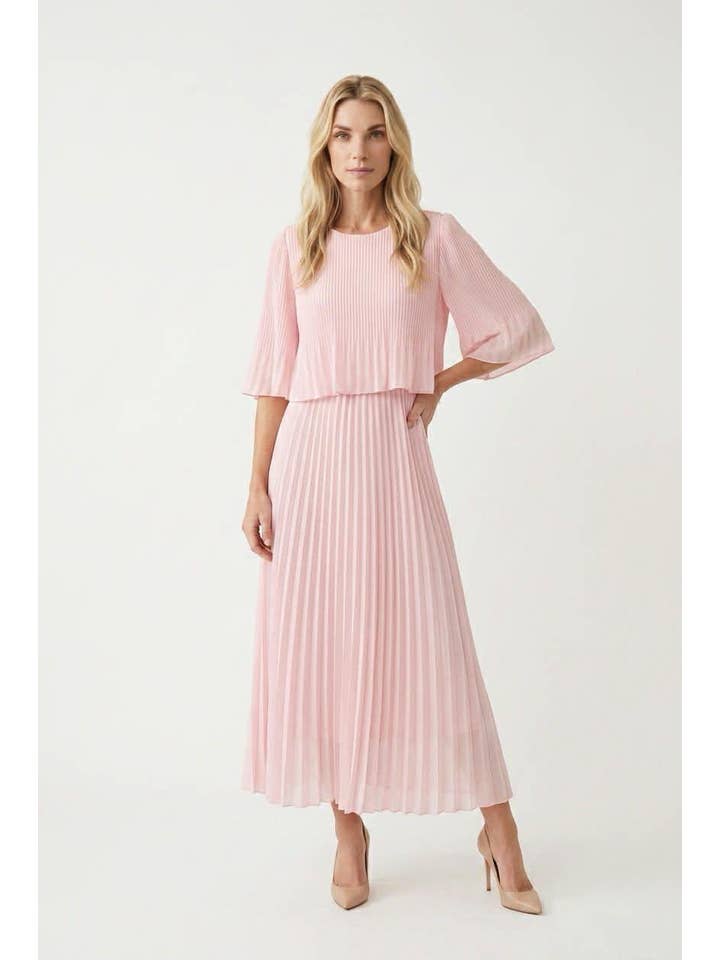 Wholesale Plain Crew Cape Pleated Plisse Maxi Dress