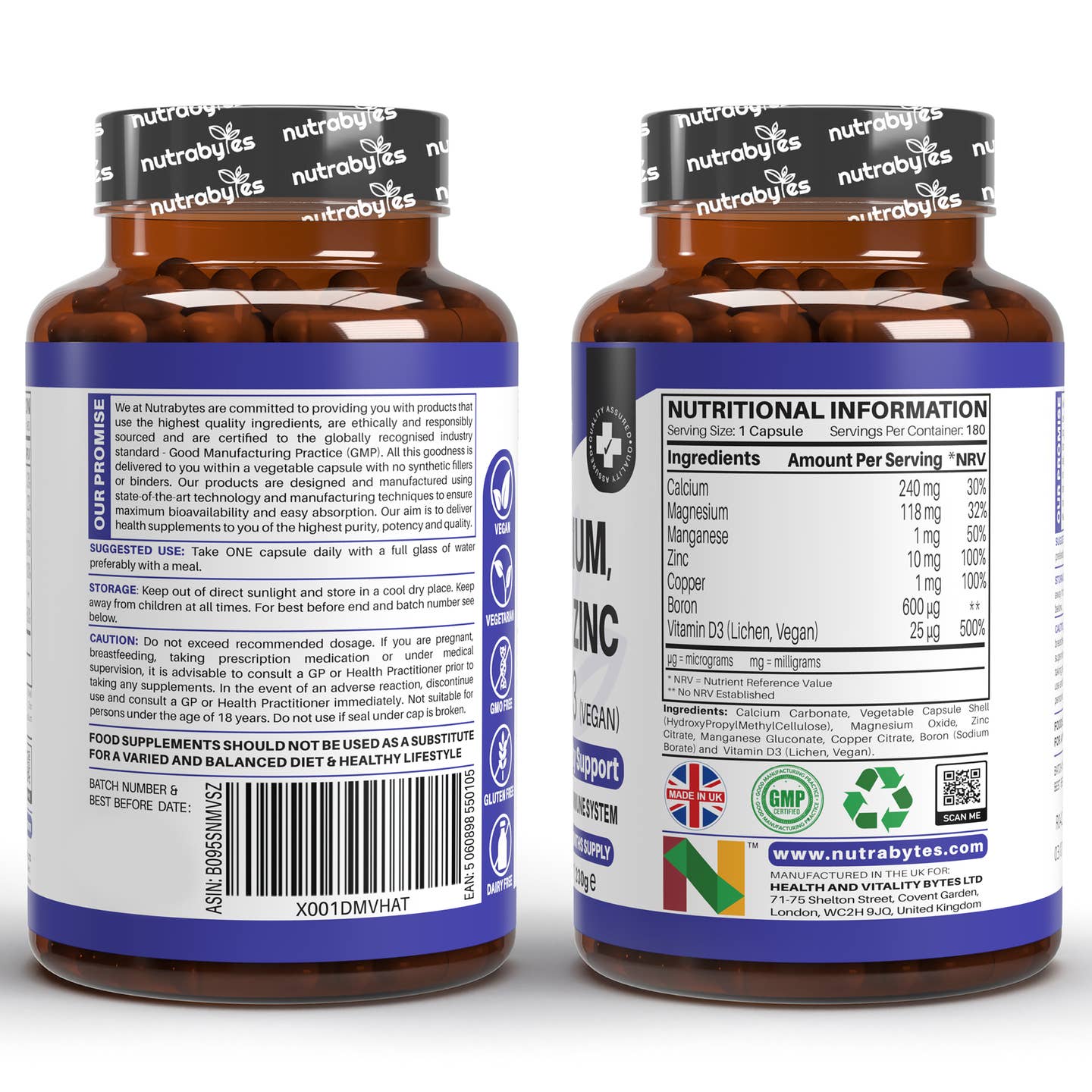 Wholesale Magnesium, Calcium, Zinc, Vitamin D3 (Vegan D3) 180 Capsules