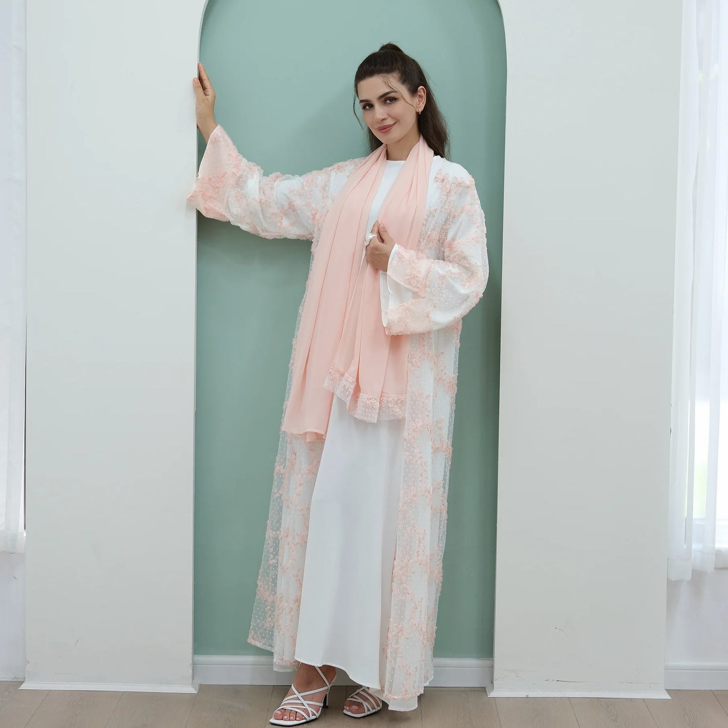 2pcs Abaya with Hijab Women Ramadan Muslim Dress Jilbab Kebaya Islam Kaftan Robe 3D Floral Mesh Abayas 2026 Eid Mubarak Dresses
