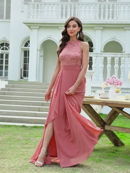 Women's Sequin Floral Lace Halter Neck Evening Gown