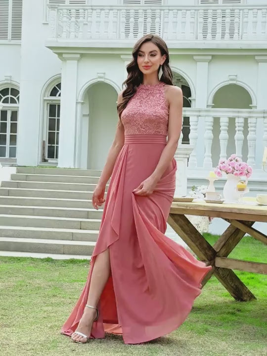 Women's Sequin Floral Lace Halter Neck Evening Gown